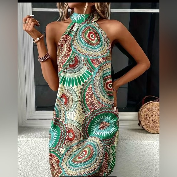 SHEIN Dresses & Skirts - SHEIN Lune Mandala Print Green Halter Neck Printed Dress